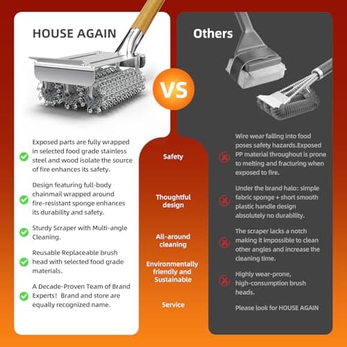 HOUSE AGAIN Grill Brush and Scraper Bristle Free with 3 Replacement Head 304 Stainless Steel Food-Grade Grill Accessories, Safe BBQ Cleaner Brush Strong Barbecue Cleaning Brush for Outdoor Grill Grate