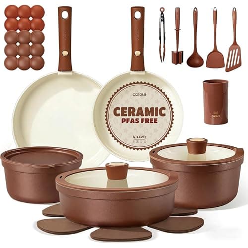 CAROTE 22Pcs Ceramic Cookware Set, Pots and Pans Set Non Stick Removable Handles, Non Toxic Cookware Oven/Dishwasher Safe, Induction Cookware, Gift Set, NonStick Cookware Set with