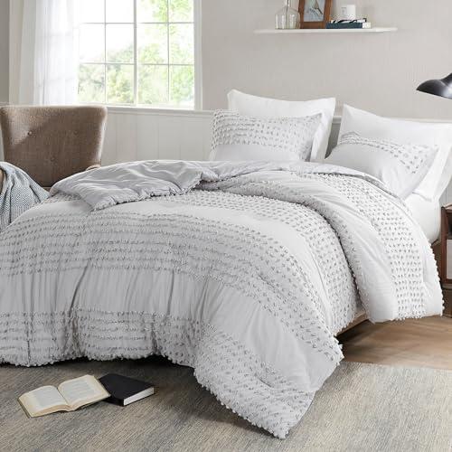 Comfort Spaces Cotton Comforter Set Jacquard Pom-Pom Tufts Design, Down Alternative, All Season Modern Bedding, Matching Shams, Twin/Twin XL, Grey 3 Piece