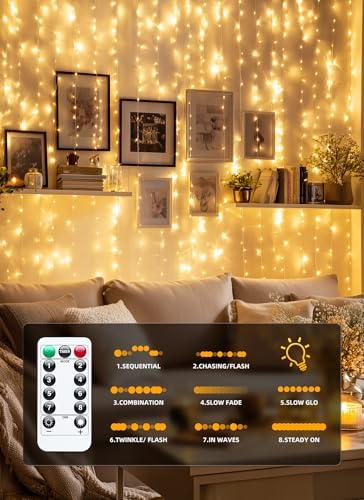 Brightown 300 LED Fairy Curtain Lights, 9.8ft x 9.8ft Warm White Curtain String Lights, USB Plug in 8 Lighting Modes Christmas Decoration, Hanging Lights with Remote