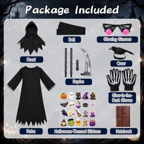 Lucky Merit 27 PCS Grim Reaper Halloween Costume for Kids Ages 5-12