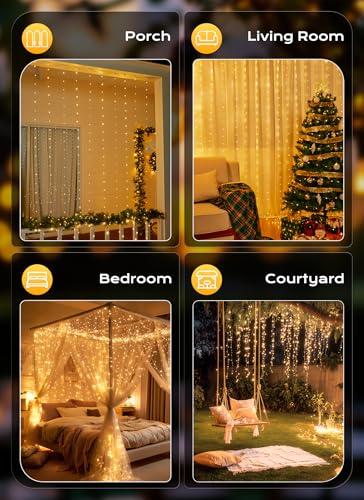 Brightown 300 LED Fairy Curtain Lights, 9.8ft x 9.8ft Warm White Curtain String Lights, USB Plug in 8 Lighting Modes Christmas Decoration, Hanging Lights with Remote
