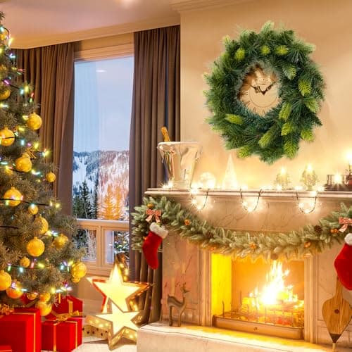 24 Inch Christmas Wreath Artificial PE Pine Wreaths for Front Door Hanging Decor for Windows Xmas Winter Indoor and Outdoor Wreath(The Bow is Not Included)