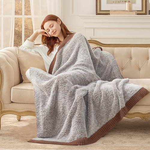Amélie Home Knit Throw Blanket for Couch, Super Soft Cozy Fuzzy Throws for Sofa Bed Living Room, Luxury Cozy Fluffy Throw for Room Decor, 60" x 80", Heather Brown