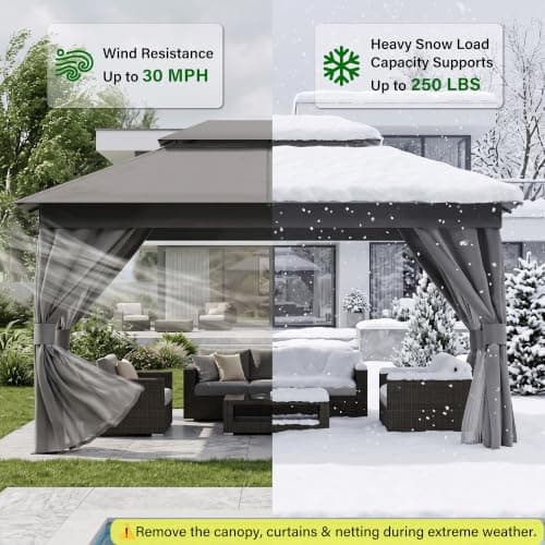 LAUSAINT HOME 10x12 Gazebo Canopy with Netting, Curtains & Double Roof