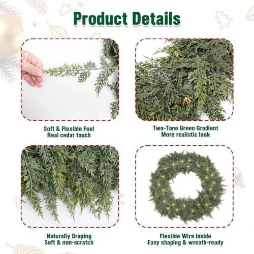 9FT Christmas Garland with Lights, Extra Full Lighted Cedar Garland | Thick Pine Garland with 240 Layered Branches,Lifelike Two-Tone Foliage,Greenery for Staircase Mantle Fireplace Table Doorways