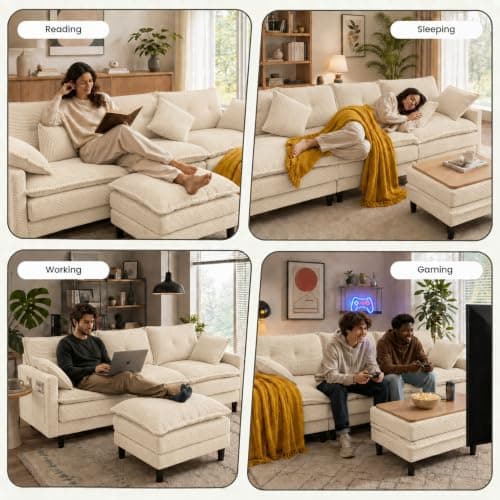 Sofá Seccional Modular Nube de 108'' en L con Otomana, Tela de Pana, ¡Armado Fácil sin Herramientas!