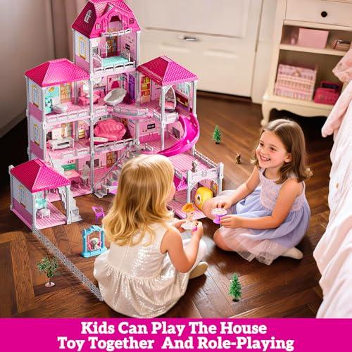 JUKUDAHU Villa Playset for Girls Ages 3-7, 4-Story 12 Room House with 2 Dolls, Furniture and Accessories, Indoor Playset Girls Toys for Ages 6-8, Pretend Toddler Toy, Birthday Gift