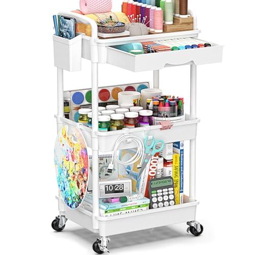 SUNALLY 3 Tier Rolling Cart with Drawer, Bathroom Storage Organizer with 2 Lockable Wheels, Multifunctional Rolling Storage Cart for Bathroom, Kitchen, Office, Craft, Makeup, Baby