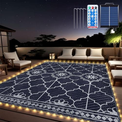Tapete Iluminado Solar Exterior 8x10 pies con 113 LED, Impermeable y Reversible para Patio y Más (Azul/Blanco)