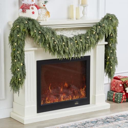 9FT Christmas Garland with Lights, Extra Full Lighted Cedar Garland | Thick Pine Garland with 240 Layered Branches,Lifelike Two-Tone Foliage,Greenery for Staircase Mantle Fireplace Table Doorways