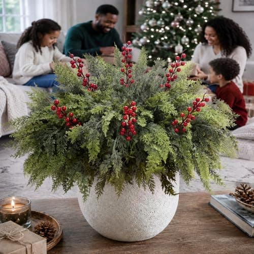 12 Artificial Christmas Cedar Branches, 17.5", with 3 Red Berry Picks | Real Touch Pine Stems with Red Berry Accents for Planters, Vases, Wreaths, Garlands, Mantels and Christmas Decor
