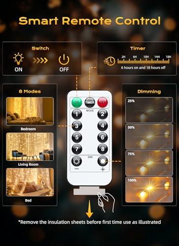Brightown 300 LED Fairy Curtain Lights, 9.8ft x 9.8ft Warm White Curtain String Lights, USB Plug in 8 Lighting Modes Christmas Decoration, Hanging Lights with Remote
