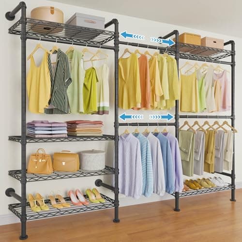 Timate F3 Garment Rack Heavy Duty Clothes Rack for Hanging Clothes, Expandable Industrial Pipe Wall Mounted Clothing Racks, Adjustable Storage Wardrobe Closet Kit Walk in Closet Sy