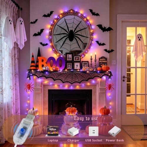 JMEXSUSS Serie de 100 Luces LED de Halloween Naranja y Morado con USB y Control Remoto