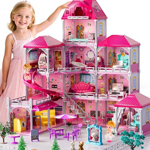 JUKUDAHU Villa Playset for Girls Ages 3-7, 4-Story 12 Room House with 2 Dolls, Furniture and Accessories, Indoor Playset Girls Toys for Ages 6-8, Pretend Toddler Toy, Birthday Gift