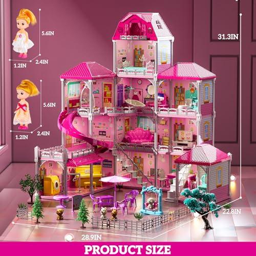 JUKUDAHU Villa Playset for Girls Ages 3-7, 4-Story 12 Room House with 2 Dolls, Furniture and Accessories, Indoor Playset Girls Toys for Ages 6-8, Pretend Toddler Toy, Birthday Gift