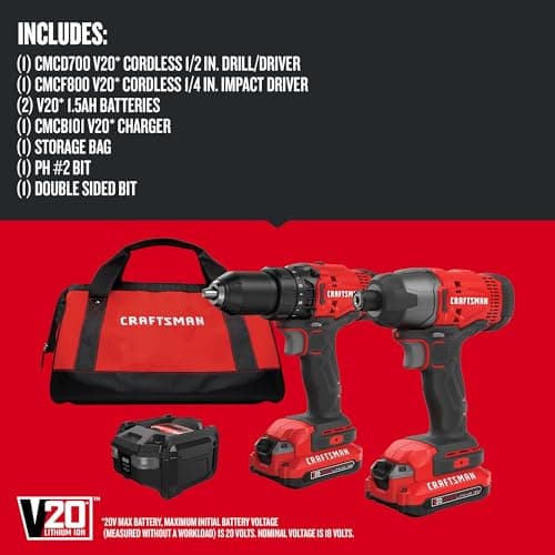 CRAFTSMAN V20 MAX Cordless Drill and Impact Driver, 2 Batteries, Charger