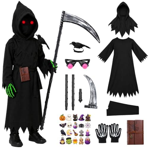 Lucky Merit 27 PCS Grim Reaper Halloween Costume for Kids Ages 5-12