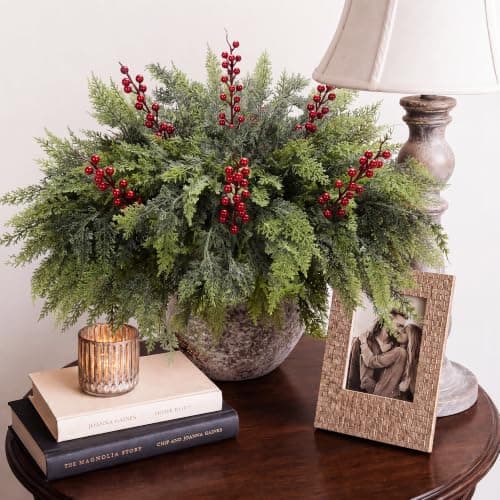 12 Artificial Christmas Cedar Branches, 17.5", with 3 Red Berry Picks | Real Touch Pine Stems with Red Berry Accents for Planters, Vases, Wreaths, Garlands, Mantels and Christmas Decor