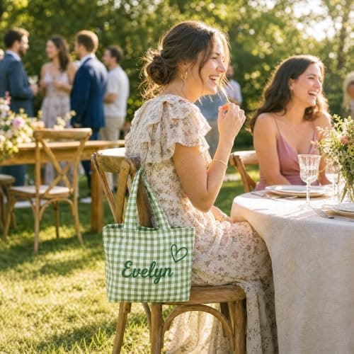 Bolso Tote KEQHAULI Personalizado a Cuadros Bordado con Nombre – Grande, Ligero y Versátil