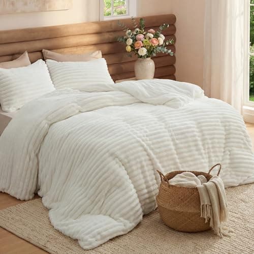 Bedsure Queen Fluffy Comforter Set - GentleSoft 3 Pieces Luxury Fleece Cream White Bedding, Cozy Room Decor Aesthetic, 1 Queen Bed Comforter (90"x90") and 2 Pillowcases (20"x26")