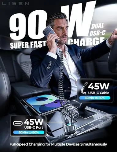 Cargador LISEN 90W USB-C para Auto: ¡Carga Rápida para iPhone y Samsung!
