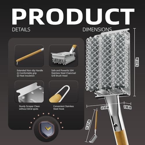 HOUSE AGAIN Grill Brush and Scraper Bristle Free with 3 Replacement Head 304 Stainless Steel Food-Grade Grill Accessories, Safe BBQ Cleaner Brush Strong Barbecue Cleaning Brush for Outdoor Grill Grate