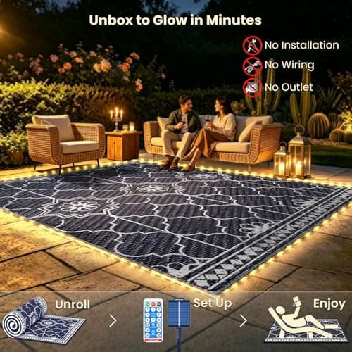 Tapete Iluminado Solar Exterior 8x10 pies con 113 LED, Impermeable y Reversible para Patio y Más (Azul/Blanco)
