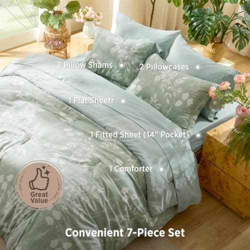 Bedsure Sage Green Queen Comforter Set, Floral Bedding Sets, 7 Piece