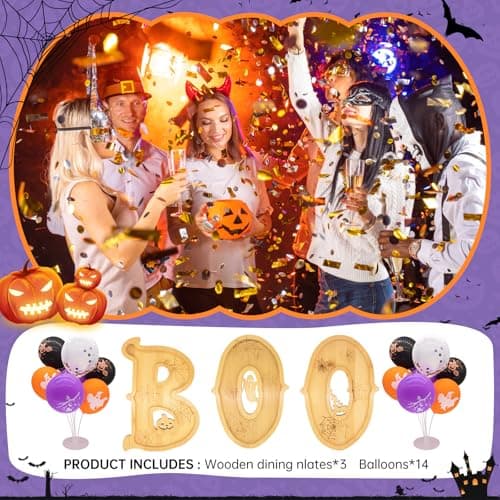 Set Nsoyos de 3 Tablas de Madera para Halloween 'BOO' + 14 Globos y Soportes
