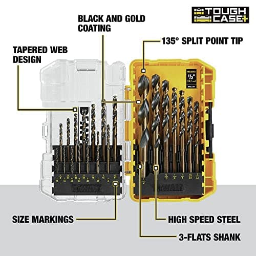 Juego de Brocas DEWALT (21 pz) Acero Alta Velocidad, Óxido Negro/Dorado, Punta 135°, Hélice 31° (DWA1181)