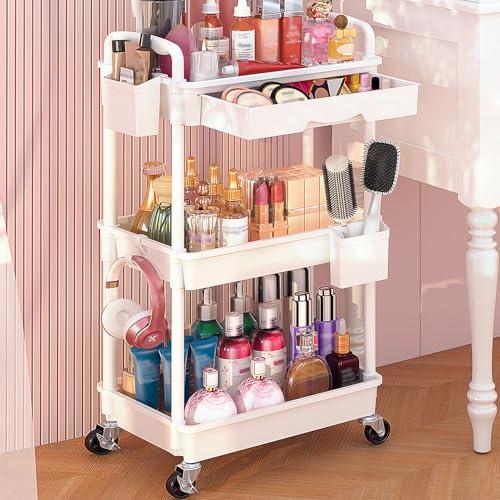 Goovilla Rolling Makeup Organizer Cart with Removable Drawer, 3 Tier Stable White Floor Skincare Storage Cart for Vanity, Cosmetic Display, Nail Polish, Perfume, Hair Stuff, Beauty