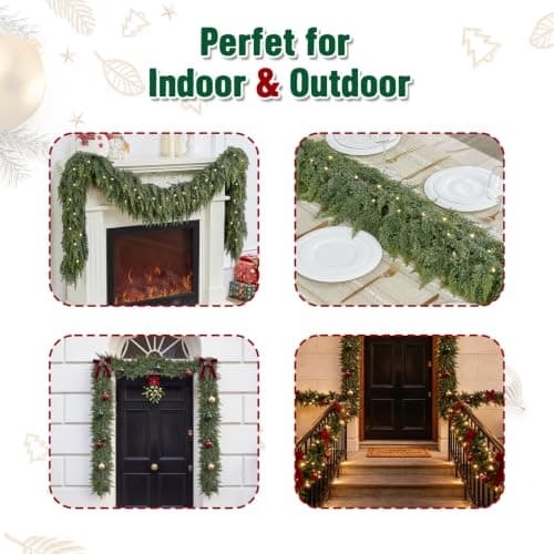 9FT Christmas Garland with Lights, Extra Full Lighted Cedar Garland | Thick Pine Garland with 240 Layered Branches,Lifelike Two-Tone Foliage,Greenery for Staircase Mantle Fireplace Table Doorways