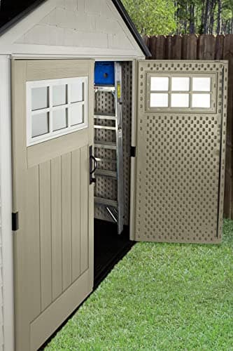 Rubbermaid 7 Foot by 7 Foot Weatherproof Outdoor Storage Shed for Garden Tools and Lawn Machinery Organization with Lockable Double Door Sandstone