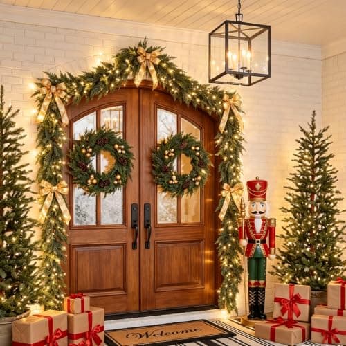 9FT Christmas Garland with Lights, Extra Full Lighted Cedar Garland | Thick Pine Garland with 240 Layered Branches,Lifelike Two-Tone Foliage,Greenery for Staircase Mantle Fireplace Table Doorways