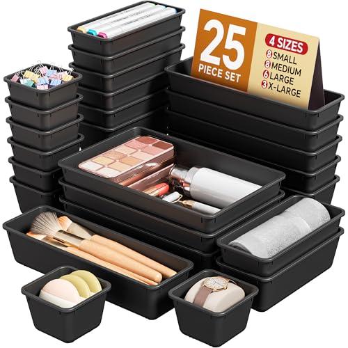 KEMETHY 25 PCS Plastic Drawer Organizers Set, 4 Sizes Vanity Organizer, Makeup and Desk Drawer Organizer Trays, Organization and Storage for Makeup, Bathroom, Kitchen Utensils and