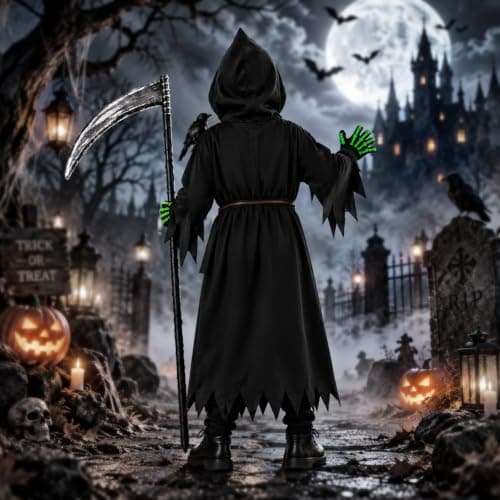 Lucky Merit 27 PCS Grim Reaper Halloween Costume for Kids Ages 5-12
