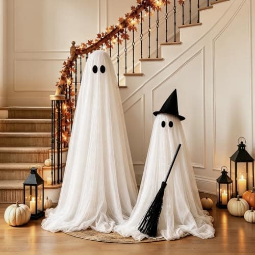 Halloween Decorations Outdoor, 2 Packs Light-Up Spooky Ghost Witch Broom