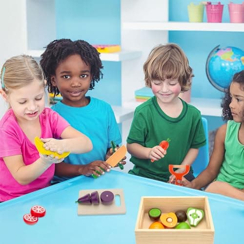 Wooden Play Food for Kids Kitchen, Fruit & Veggies Cutting Set for Toddlers