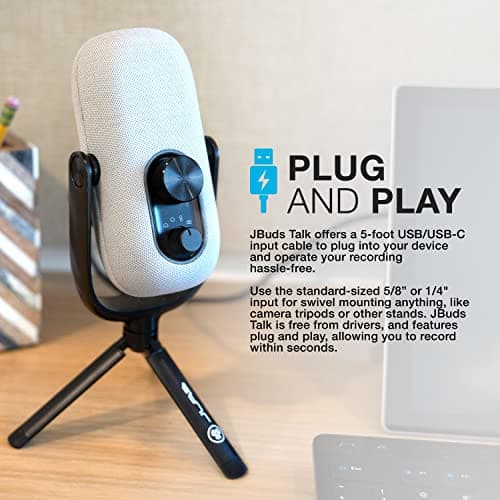 JLab JBuds Talk USB-C Microphone with Cardioid, Omni, Stereo, bi-Directional Modes, gain and Mute Controls, 3.5mm aux, White