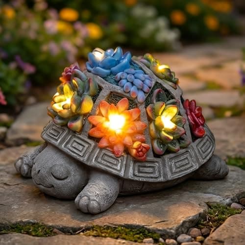 Snclriao Solar Turtle Garden Decor Outdoor Statue, 7 Succulent LED Lights
