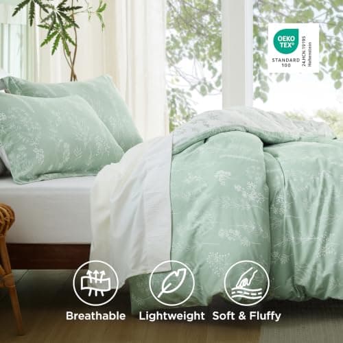 Bedsure Floral Comforter Set Cute Bedding Set Queen Reversible Sage Green