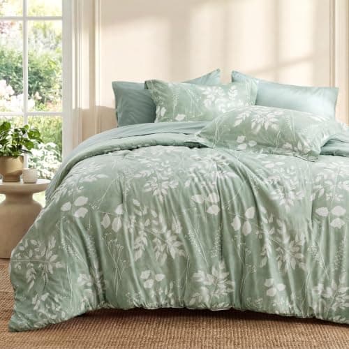 Bedsure Sage Green Queen Comforter Set, Floral Bedding Sets, 7 Piece