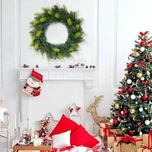 24 Inch Christmas Wreath Artificial PE Pine Wreaths for Front Door Hanging Decor for Windows Xmas Winter Indoor and Outdoor Wreath(The Bow is Not Included)