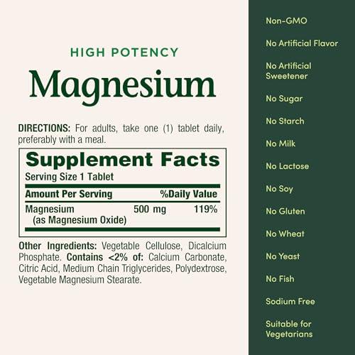 Nature's Bounty Magnesio: Suplemento Mineral para Huesos y Músculos, 500 mg, 100 Tabletas