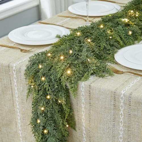 9FT Christmas Garland with Lights, Extra Full Lighted Cedar Garland | Thick Pine Garland with 240 Layered Branches,Lifelike Two-Tone Foliage,Greenery for Staircase Mantle Fireplace Table Doorways