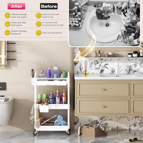 Goovilla Rolling Makeup Organizer Cart with Removable Drawer, 3 Tier Stable White Floor Skincare Storage Cart for Vanity, Cosmetic Display, Nail Polish, Perfume, Hair Stuff, Beauty