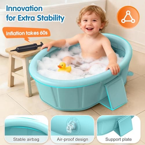 Bañera Plegable para Bebés con Borde Inflable, Extra Estable y Portátil (12M-6A), ¡Lista para Usar!