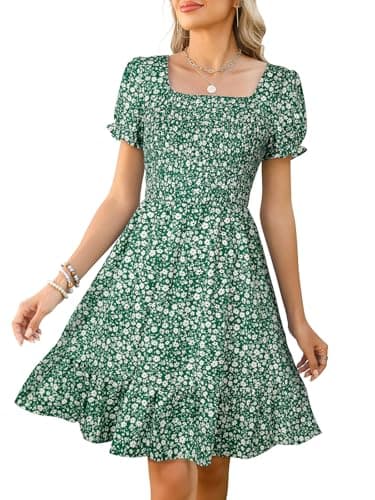 Lyrur Women's Floral Square Neck Smocked Knee Length Summer Dress